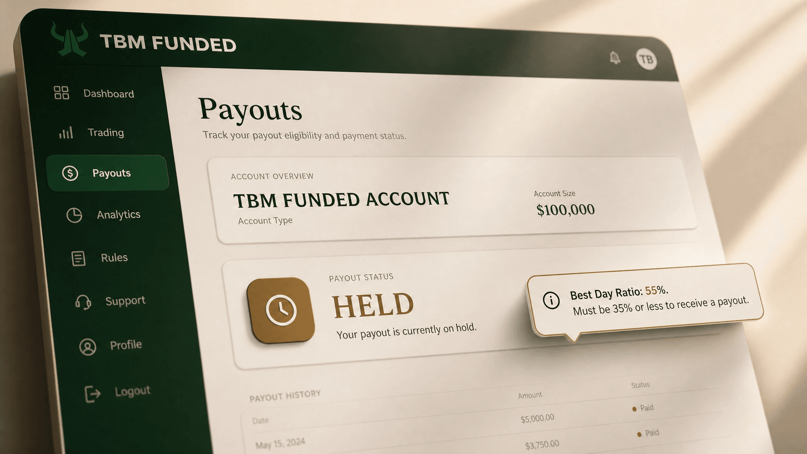 The funded dashboard showing a payout status of held, pending consistency check — not denied or rejected