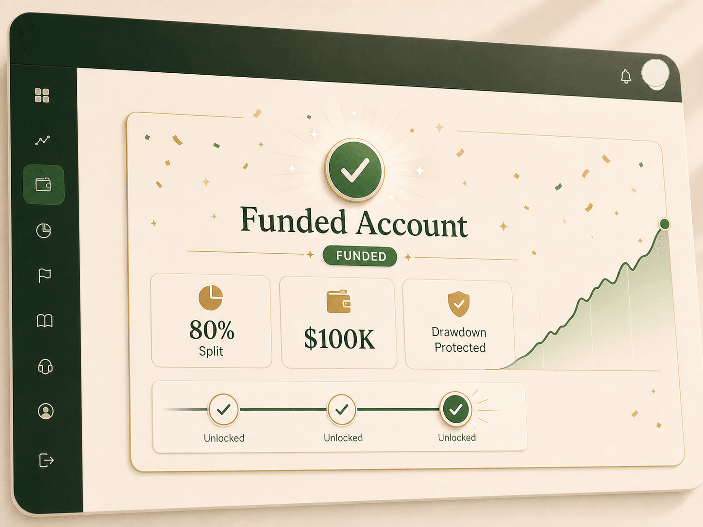 Funded account confirmation — 80% split, $100K, drawdown protected