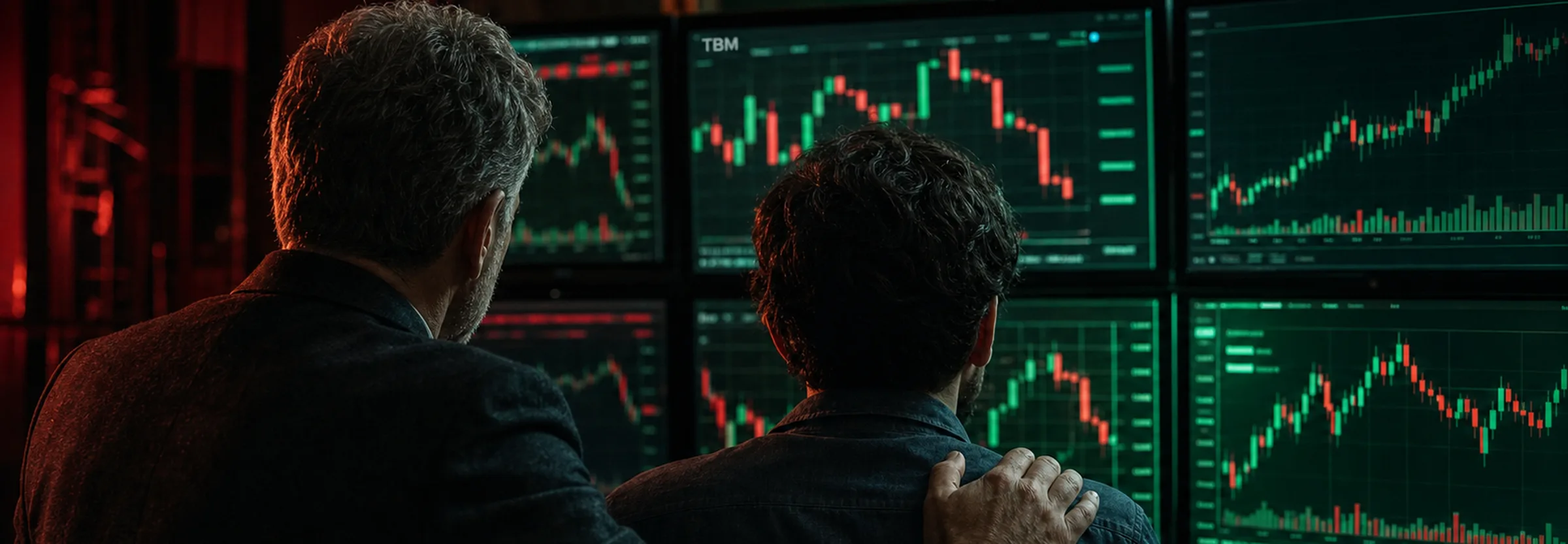 A trader being guided through live TBM charts on a multi-monitor desk